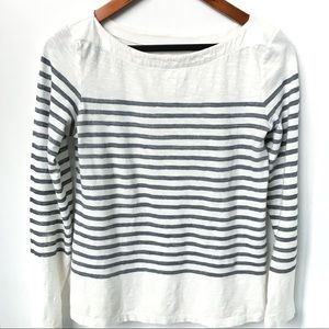 LOFT White & Grey Striped Cotton Long-Sleeve Tee